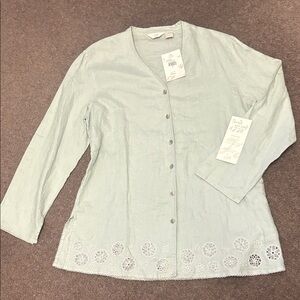 J. Jill Pale Sage Linen Button-Front Top with Eyelet Hem